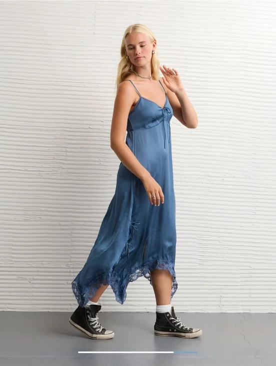 AE Handkerchief Hem Tie Side Midi Slip Dress American Eagle NWT Navy Blue Sz L - Picture 2 of 12